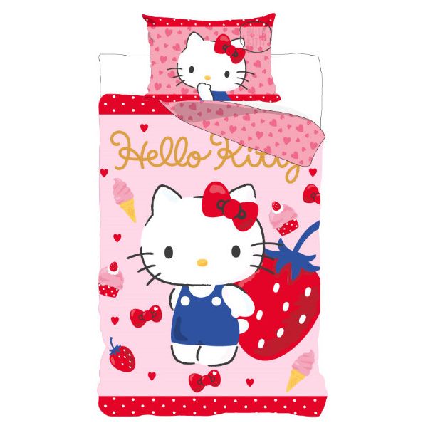 Hello Kitty Strawberry Kinderbetwäsche-Set für Kindergarten Babybettwäsche-Set – 100 × 135 cm + 40 × 60 cm, Baumwolle