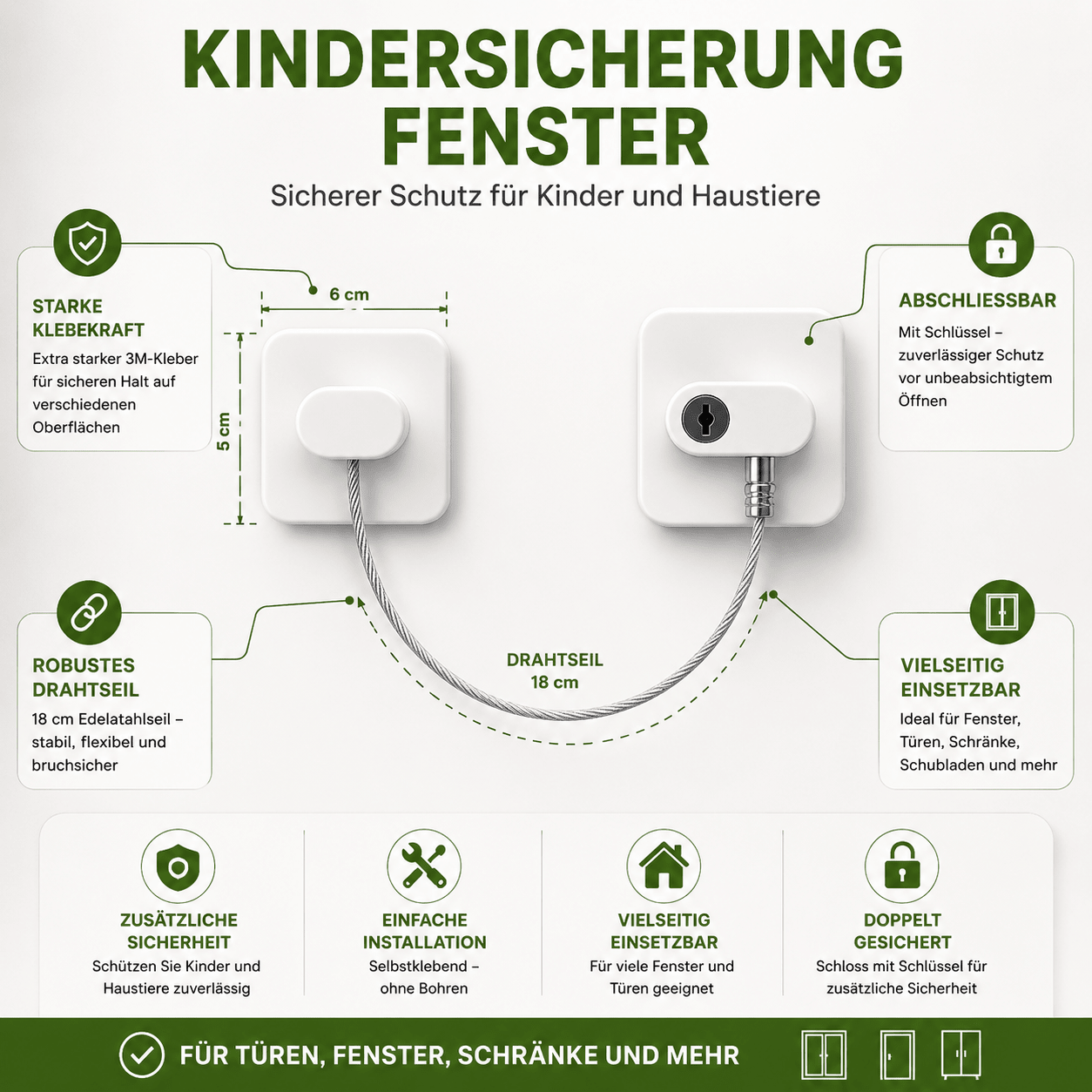 Premium Fenster- & Türsicherung mit Schlüssel – Kindersicherung aus Edelstahl – 20 cm Sicherheitskabel – Einbruchschutz für Fenster & Türen