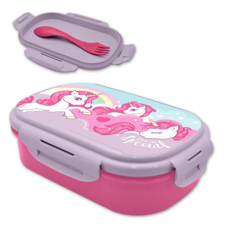 Boîte à pique-nique spéciale licorne avec couverts pour enfants – 21 × 14 × 6 cm, sans BPA