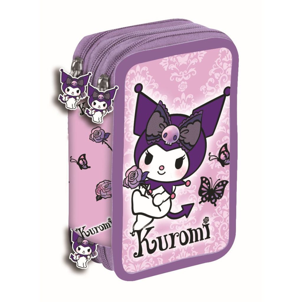 Trousse triple Hello Kitty Kuromi violette pour enfants – 20 x 13,5 x 6,5 cm