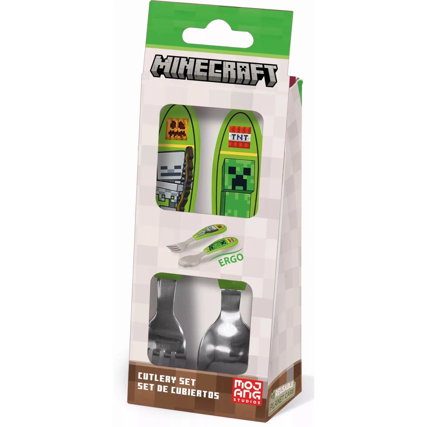 Minecraft "Core" Kinderbesteck-Set 2-teilig – Ergonomisches Metall-Lernbesteck (Gabel & Löffel) – Pixel-Design für Gamer