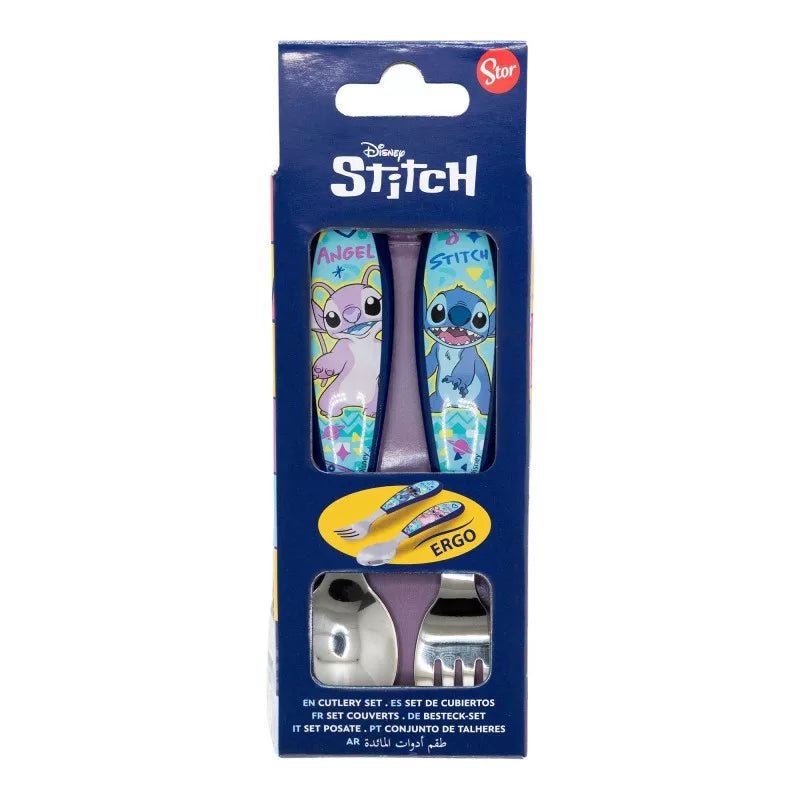Disney Lilo & Stitch Kinderbesteck-Set 2-teilig – Ergonomisches Metall-Lernbesteck (Gabel & Löffel) – Stitch Drawing Design