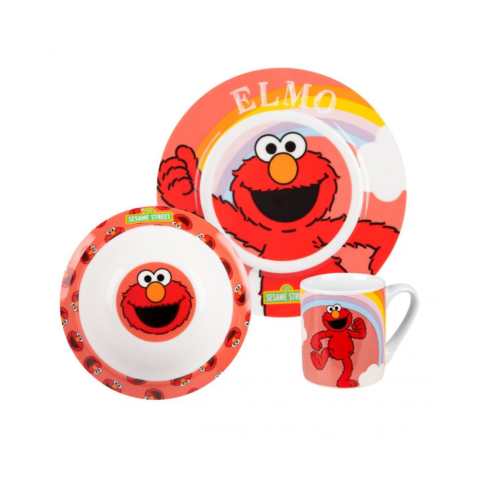 Sesamstraße Elmo Porzellan Essgeschirr Set 3 Tlg. Teller, Tasse & Schale