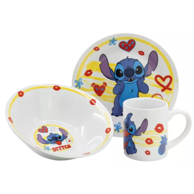 Disney Stitch Kindergeschirr Set Keramik 3-teilig Teller Schüssel Becher Frühstücksset Kinder