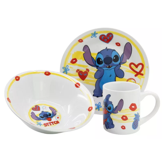 Disney Stitch Kindergeschirr Set Keramik 3-teilig Teller Schüssel Becher Frühstücksset Kinder