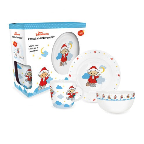 Sandmännchen Porzellan Kindergeschirr set – 3-teiliges Essgeschirr Set mit Teller, Schüssel & Becher