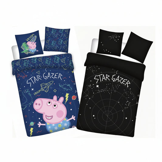 Peppa Wutz Star-gazer Kinder-Bettwäschebezug leuchtend im Dunkeln Babybettwäsche-Set – 100 × 135 cm + 40 × 60 cm, Baumwolle