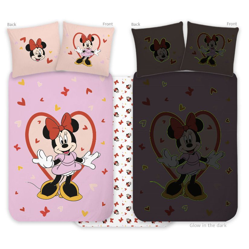 Disney Minnie Heart im Dunkeln leuchtende Babybettwäsche-Set – 100 × 135 cm + 40 × 60 cm, Baumwolle
