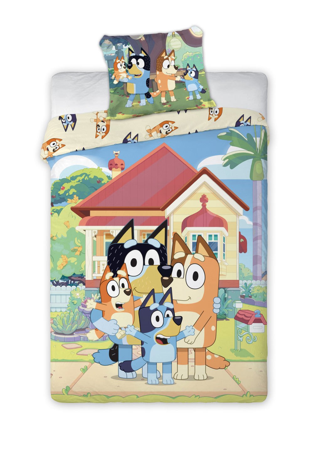 Bluey Family Home Kinder-Bettwäscheset für den Kindergarten Babybettwäsche-Set – 100 × 135 cm + 40 × 60 cm, Baumwolle