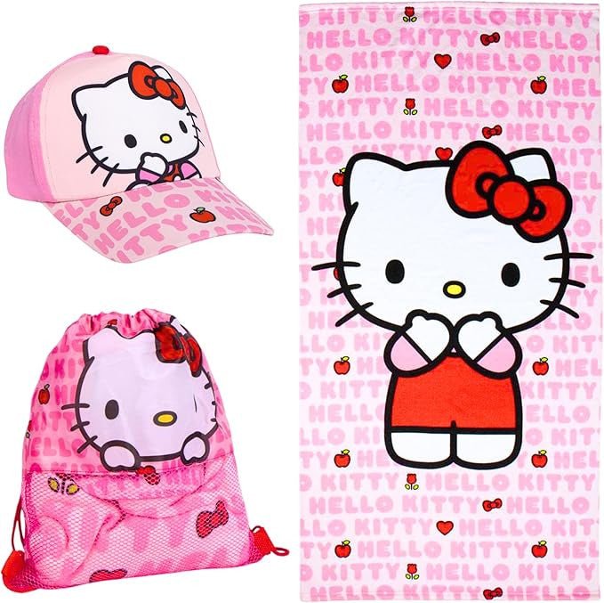 Hello Kitty -, Sportbeutel- und Baseballcap-Set Badetuch-Set für Kinder aus Polyester – 33 × 27 cm