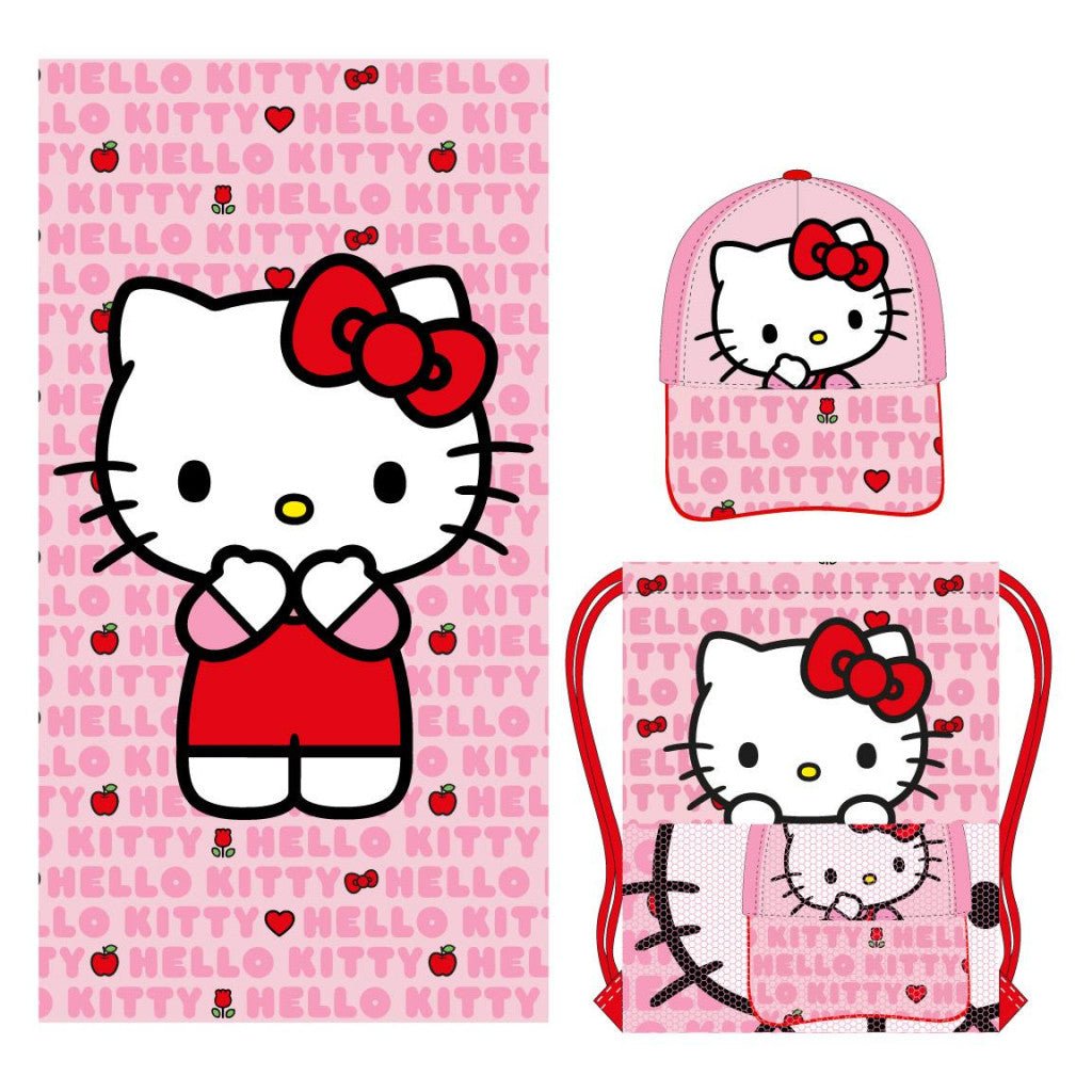 Hello Kitty -, Sportbeutel- und Baseballcap-Set Badetuch-Set für Kinder aus Polyester – 33 × 27 cm