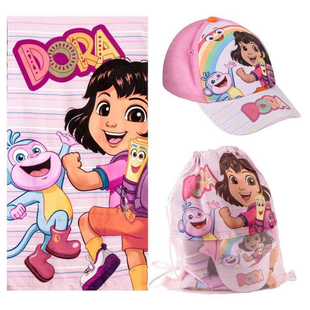 Dora the Explorer Adventure Dora die Entdeckerin , Turnbeutel, Baseballkappe Set Badetuch-Set für Kinder aus Polyester – 33 × 27 cm