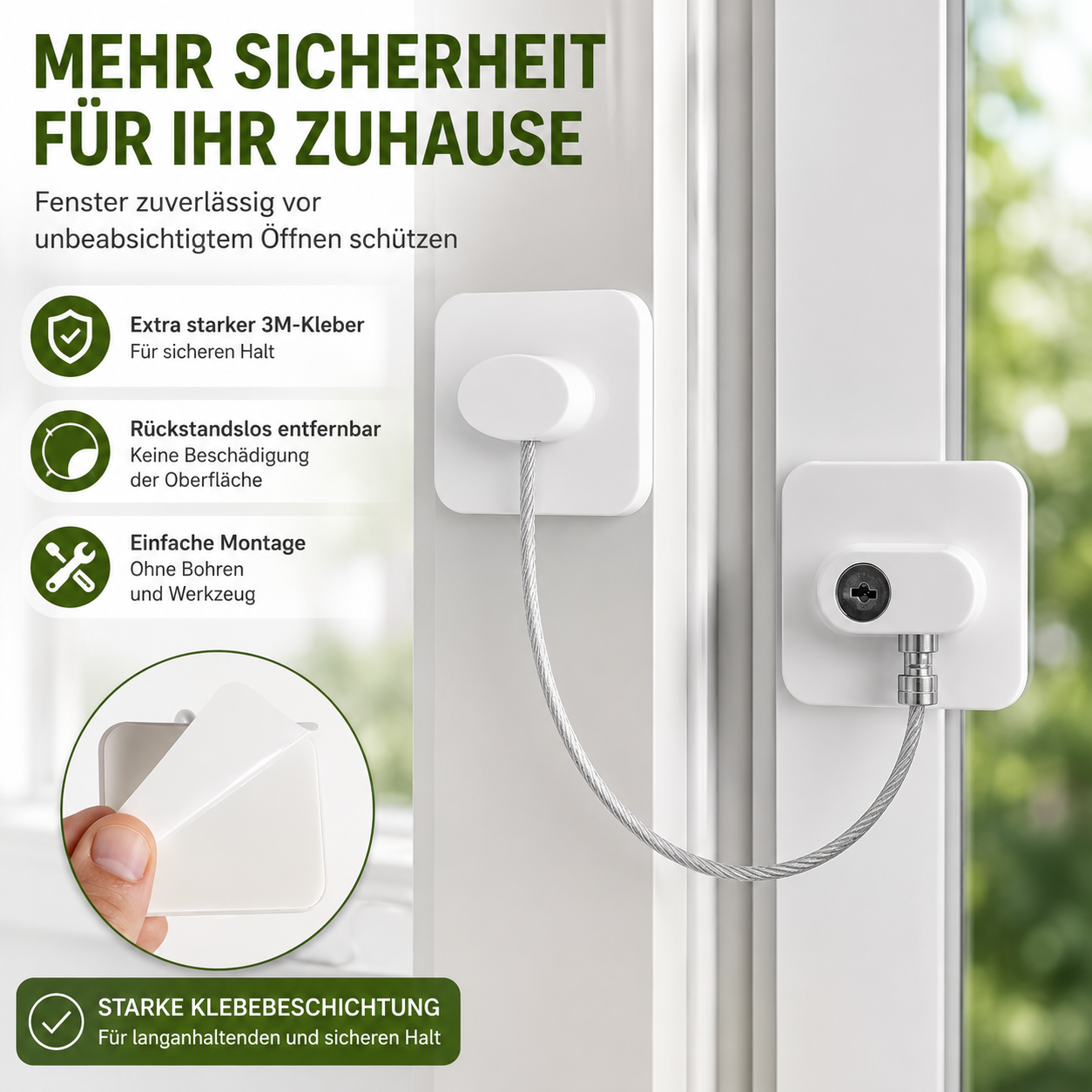 Premium Fenster- & Türsicherung mit Schlüssel – Kindersicherung aus Edelstahl – 20 cm Sicherheitskabel – Einbruchschutz für Fenster & Türen