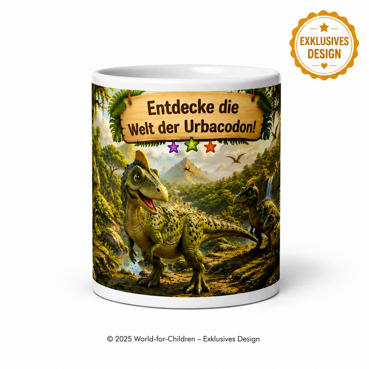 Urbacodon Kinder Tasse 330 ml – Keramiktasse für Kinder | Dinosaurier Motiv | Rundumdruck | Exklusives World-for-Children Design