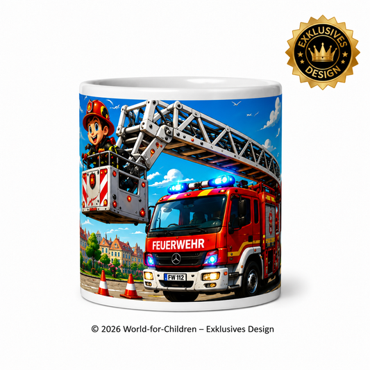 Feuerwehr Kinder Tasse 330 ml – Leiterwagen – Keramiktasse für Kinder | Exklusives World-for-Children Design