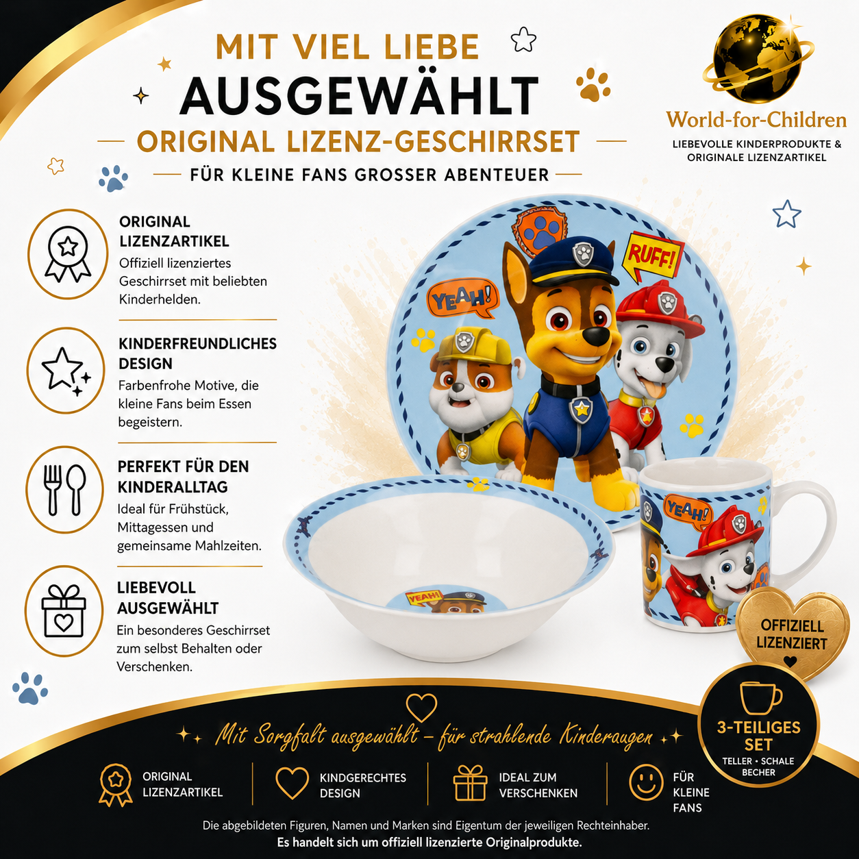 Service de vaisselle pour enfant PAW Patrol 3 pièces Porcelaine Assiette Bol Tasse Set de petit-déjeuner