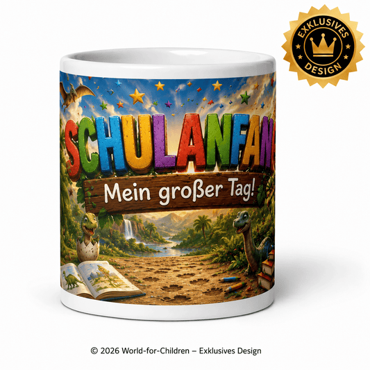 Dino Kindertasse Schulanfang „Mein großer Tag!“ 330 ml – Keramiktasse zur Einschulung | Exklusives World-for-Children Design
