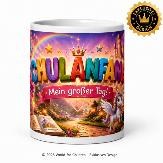Einhorn Kindertasse Schulanfang „Mein großer Tag!“ 330 ml – Keramiktasse zur Einschulung | Exklusives World-for-Children Design