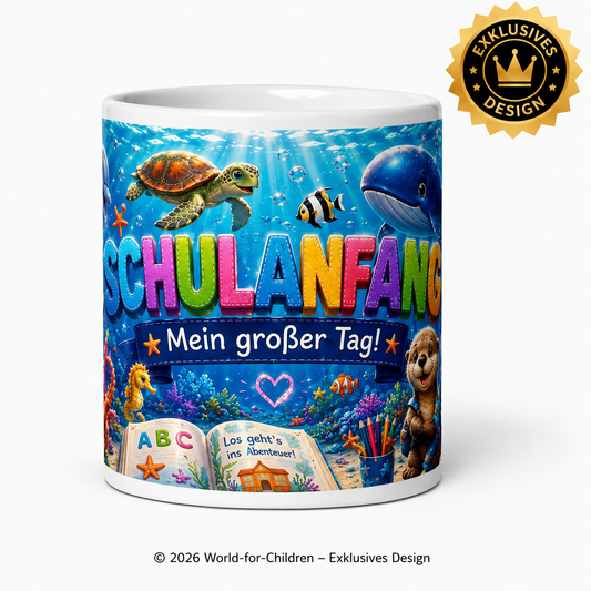 Ozean Kindertasse Schulanfang „Mein großer Tag!“ 330 ml – Keramiktasse zur Einschulung | Exklusives World-for-Children Design