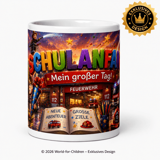 Feuerwehr Kindertasse Schulanfang „Mein großer Tag!“ 330 ml – Keramiktasse zur Einschulung | Exklusives World-for-Children Design