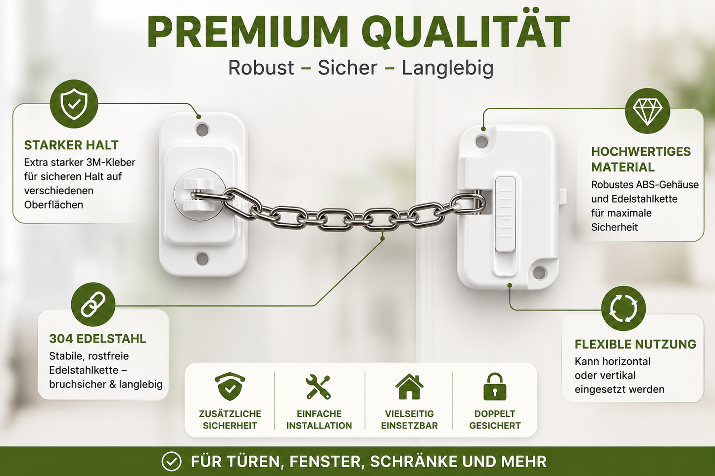 Kinder-Fenstersicherung & Türsicherung – Verstellbares Sicherheitsschloss mit Schrauben oder Klebestreifen (kein Bohren, Weiß, ab 18 Monaten)