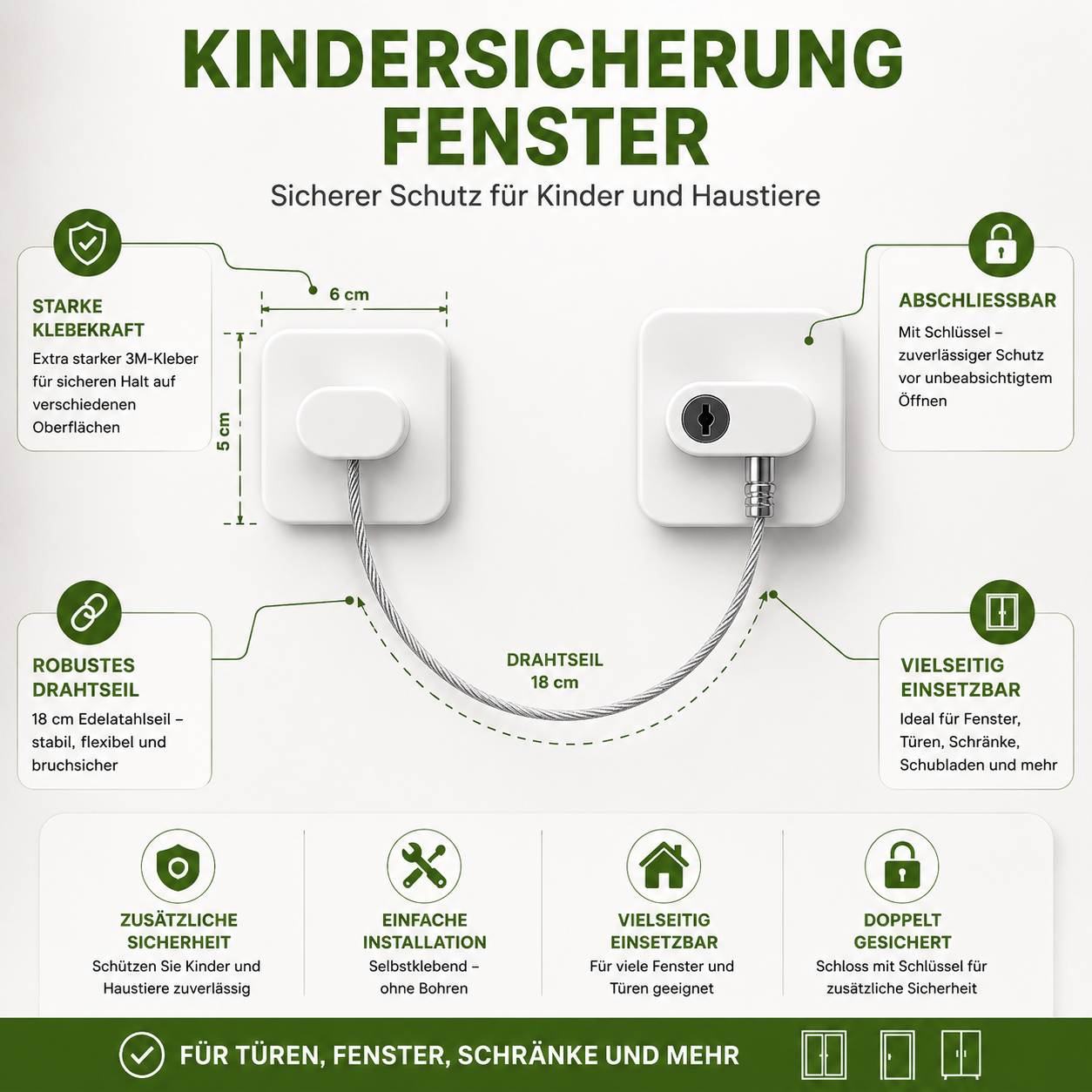 Premium Fenster- & Türsicherung mit Schlüssel – Kindersicherung aus Edelstahl – 20 cm Sicherheitskabel – Einbruchschutz für Fenster & Türen