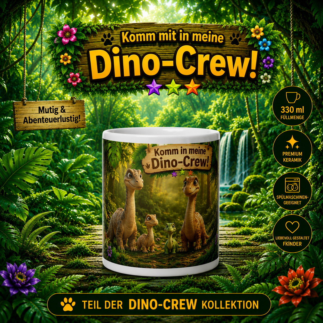 Dinosaurier Kinder Tasse 330 ml Keramik – Brachiosaurus Motiv – Rundumdruck