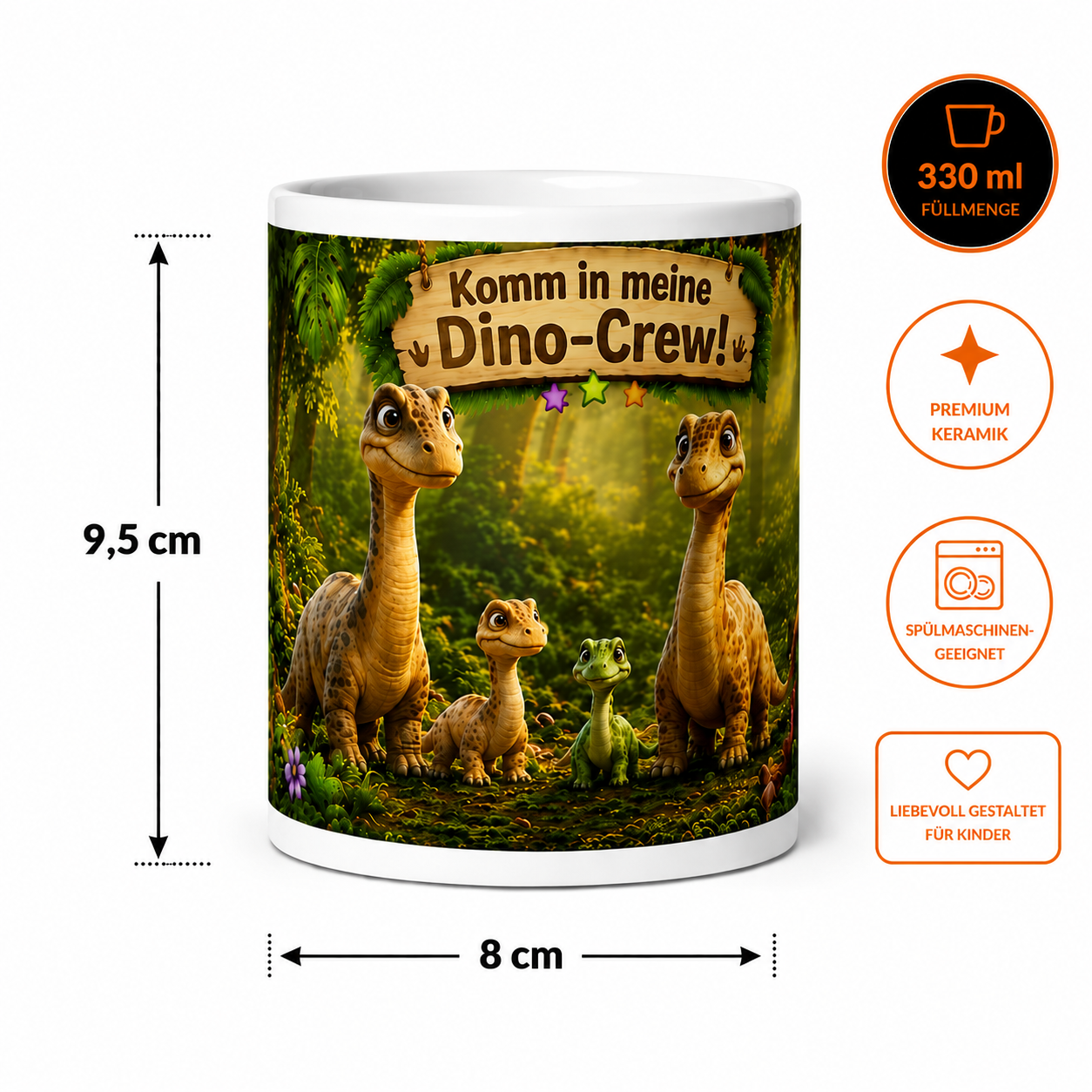 Dinosaurier Kinder Tasse 330 ml Keramik – Brachiosaurus Motiv – Rundumdruck