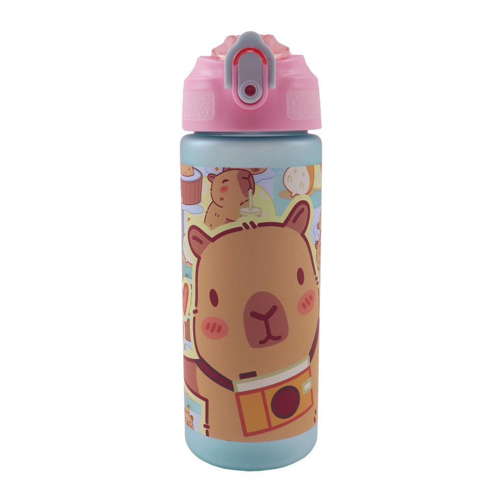 Capybara Chill Plastic Matte Straw Bottle Plastic Drinking Bottle with Straw for Children – 600 ml, BPA-Free
