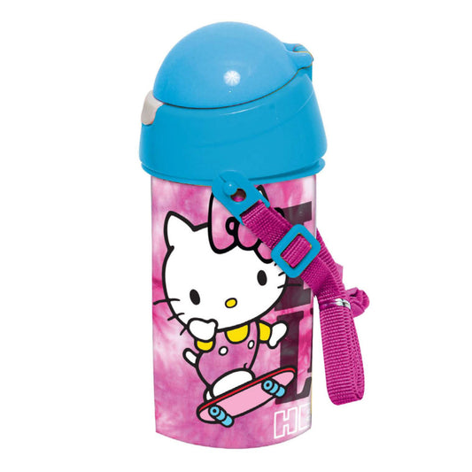 Hello Kitty Skateboard Sports Water Bottle for Kids - 500 ml Plastic with Straw