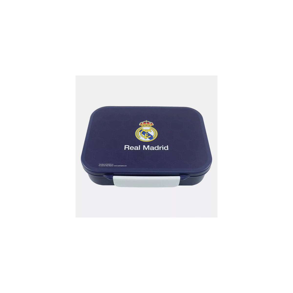Blaue Real Madrid Brotdose mit Clubwappen auf dem Deckel