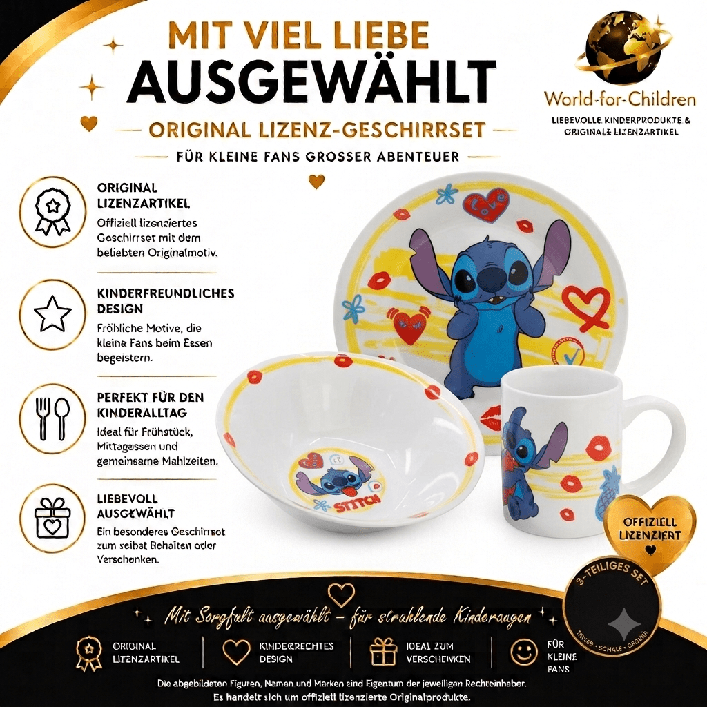 Disney Stitch Kindergeschirr Set Keramik 3-teilig Teller Schüssel Becher Frühstücksset Kinder