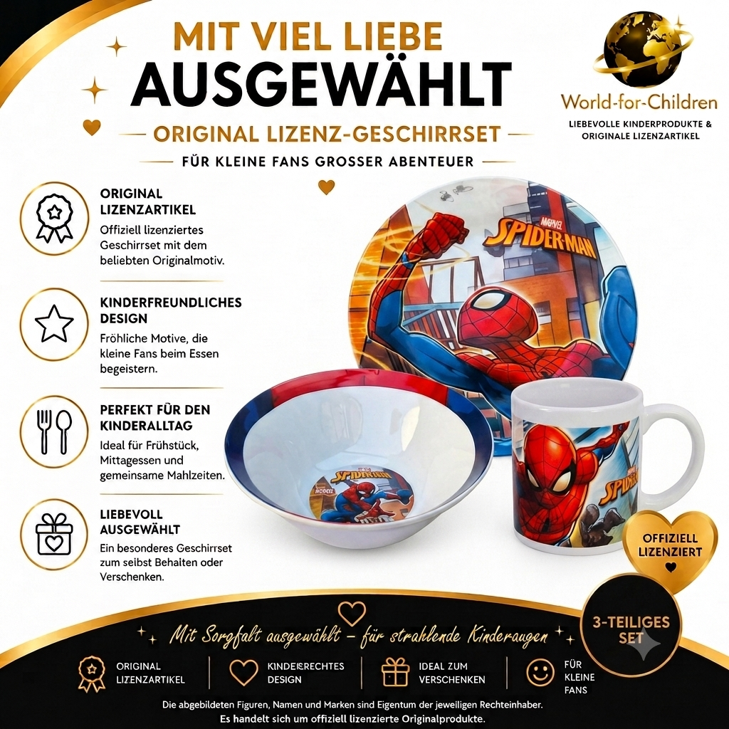 Marvel Spiderman Kinder Essgeschirr Set 3 Tlg. Porzelan Teller, Schale, & Tasse