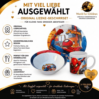 Marvel Spiderman Kinder Essgeschirr Set 3 Tlg. Porzelan Teller, Schale, & Tasse