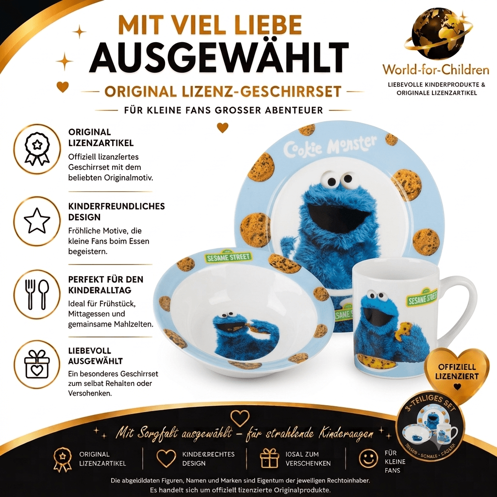 Sesamstraße Krümelmonster Porzellan – 3-teiliges Essgeschirr Set für Kinder