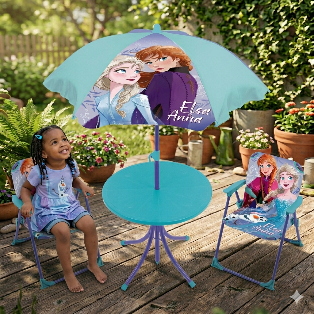 Disney Die Eiskönigin Kinder Gartenmöbel Set Tisch 2 Stühle Sonnenschirm klappbar Outdoor Möbel