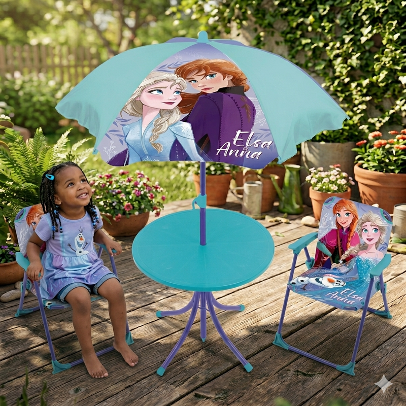 Disney Die Eiskönigin Kinder Gartenmöbel Set Tisch 2 Stühle Sonnenschirm klappbar Outdoor Möbel