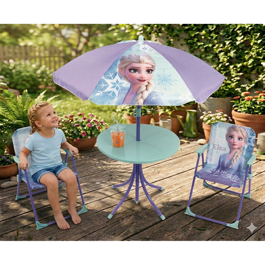 Disney Die Eiskönigin Kinder Gartenmöbel Set Tisch 2 Stühle Sonnenschirm klappbar Outdoor Möbel