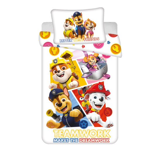 Housse de couette Pat' Patrouille Teamwork pour lit bébé – 100 × 135 cm + 40 × 60 cm, Coton
