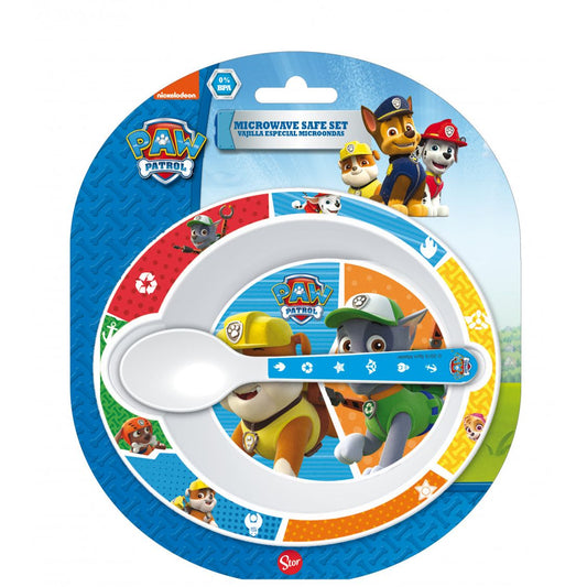 Paw Patrol Bébé Micro-Profondeurs + Cuillère Set Assiette Plate pour Enfants en Plastique – 2 pièces