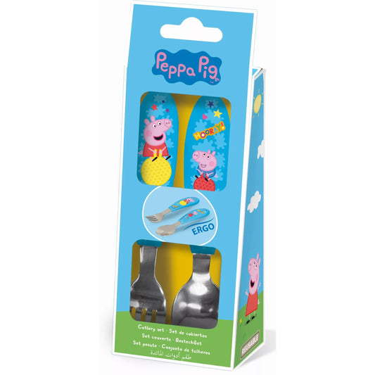 Peppa Wutz "Hooray" Kinderbesteck-Set 2-teilig – Ergonomisches Metall-Lernbesteck (Gabel & Löffel) für Kleinkinder – Gelb/Bunt