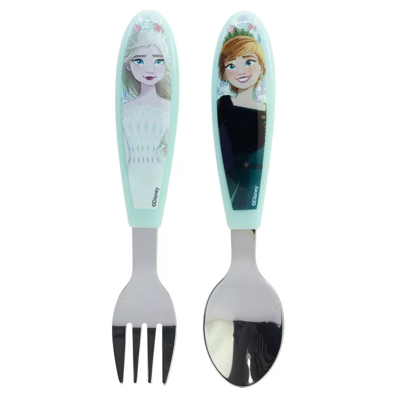 Disney Die Eiskönigin "Snowy Tale" Kinderbesteck-Set 2-teilig – Ergonomisches Metall-Lernbesteck (Gabel & Löffel) – Elsa & Anna Design