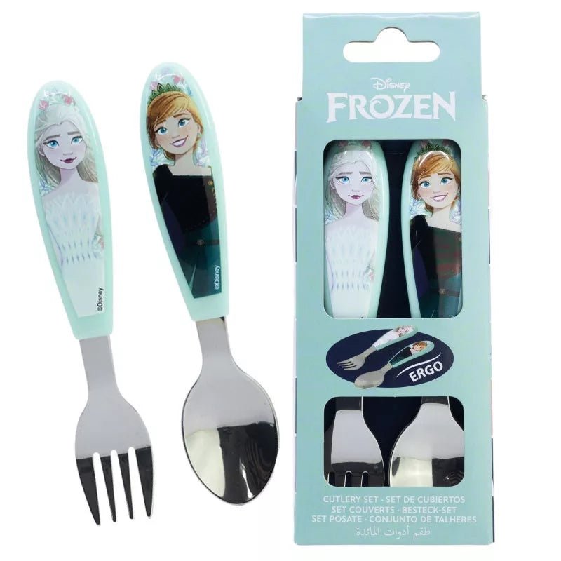 Disney Die Eiskönigin "Snowy Tale" Kinderbesteck-Set 2-teilig – Ergonomisches Metall-Lernbesteck (Gabel & Löffel) – Elsa & Anna Design