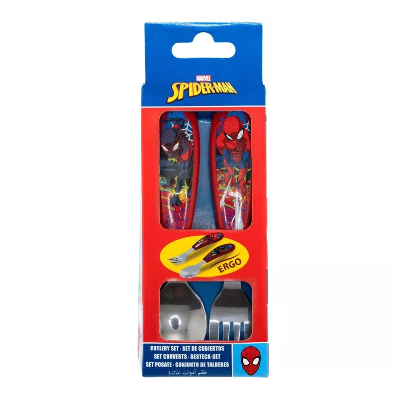 Marvel Spiderman Kinderbesteck-Set 2-teilig – Ergonomisches Metall-Lernbesteck (Gabel & Löffel) – Spiderman "Moving Target" Design