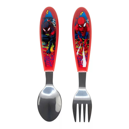Marvel Spiderman Kinderbesteck-Set 2-teilig – Ergonomisches Metall-Lernbesteck (Gabel & Löffel) – Spiderman "Moving Target" Design