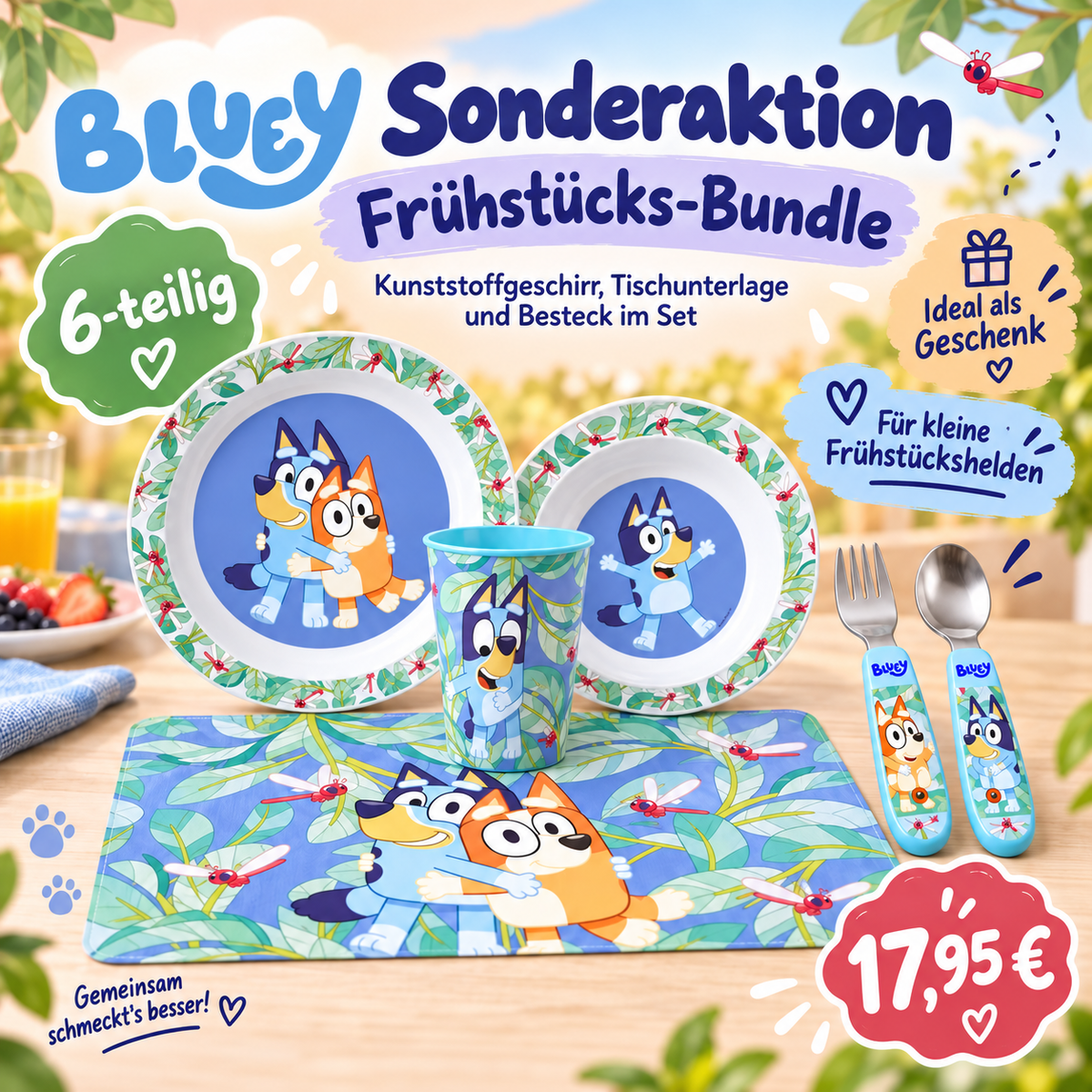 Bluey Frühstücks-Bundle 6-teilig mit Geschirr, Tischunterlage und Kinderbesteck – Sonderaktion