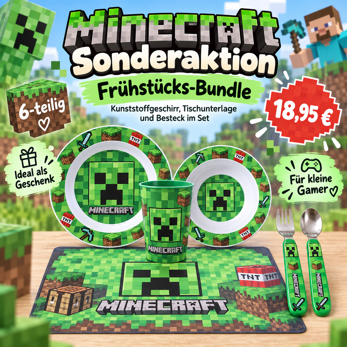Minecraft Creeper Frühstücks-Bundle 6-teilig mit Geschirr, Tischunterlage und Kinderbesteck – Sonderaktion